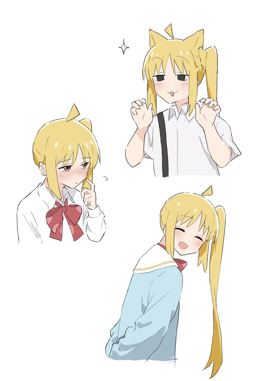 1girl :3 ahoge animal_ears arms_behind_back bangs blonde_hair blue_jacket blush bocchi_the_rock! bow bowtie cat_ears closed_eyes collared_shirt commentary cropped_torso flying_sweatdrops hand_on_own_cheek hand_on_own_face highres ijichi_nijika index_finger_raised jacket long_sleeves looking_back looking_to_the_side ookiiayu open_mouth paw_pose red_bow red_bowtie red_eyes school_uniform shirt short_sleeves side_ponytail sidelocks smile smug sparkle star_(symbol) white_shirt