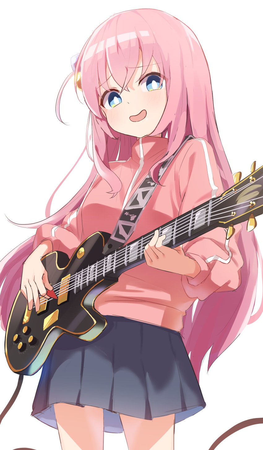 1girl absurdres aqua_eyes bangs bocchi_the_rock! commentary cowboy_shot cube_hair_ornament electric_guitar gotou_hitori grey_skirt guitar hair_between_eyes hair_ornament hair_over_shoulder highres holding holding_instrument instrument jacket long_hair long_sleeves looking_at_viewer music open_mouth pink_hair pink_jacket playing_instrument pleated_skirt sidelocks simple_background skirt smile solo standing symbol-only_commentary track_jacket wep16night white_background