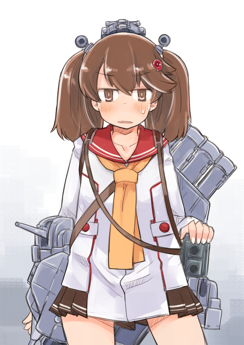 1girl brown_eyes brown_hair cannon collarbone cosplay cowboy_shot dress enjaku_izuku highres kantai_collection long_sleeves magatama_hair_ornament neckerchief red_sailor_collar rigging ryuujou_(kancolle) sailor_collar sailor_dress solo speaking_tube_headset standing torpedo_launcher turret twintails yellow_neckerchief yukikaze_(kancolle) yukikaze_kai_ni_(kancolle) yukikaze_kai_ni_(kancolle)_(cosplay)