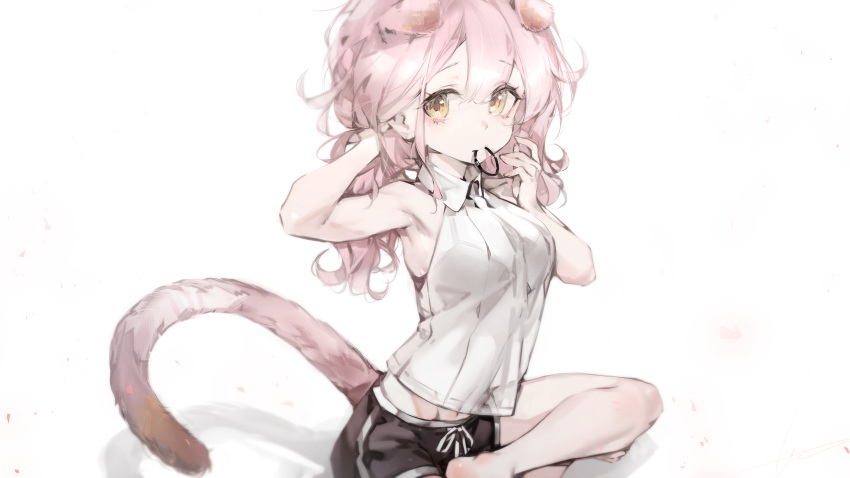 1girl absurdres adjusting_hair animal_ears arknights armpits bra cat_ears cat_girl cat_tail collared_shirt crossed_legs floppy_ears goldenglow_(arknights) hairband hand_in_own_hair highres libiadan medium_hair mouth_hold see-through shirt shirt_overhang short_shorts shorts sitting sleeveless sleeveless_shirt tail underwear wavy_hair white_background white_shirt