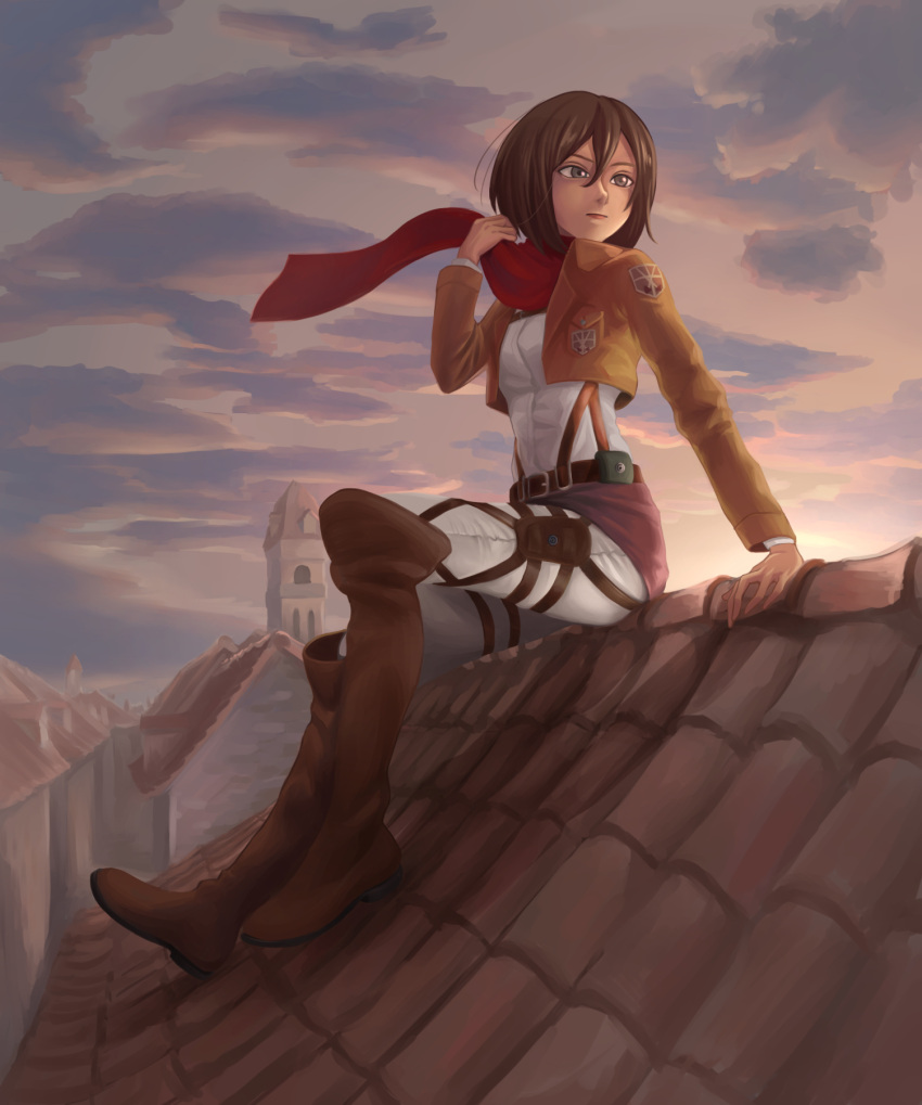 1girl arm_support black_eyes black_hairband boots breasts brown_footwear brown_hair clouds commentary_request cropped_jacket emblem hair_between_eyes hairband highres holding holding_clothes holding_scarf knee_boots looking_to_the_side medium_breasts mikasa_ackerman overcast pants paradis_military_uniform red_scarf red_skirt rooftop scarf shingeki_no_kyojin short_hair shorts sitting_on_roof skirt slothdev_(yat1215) solo steepled_fingers survey_corps survey_corps_(emblem) three-dimensional_maneuver_gear white_pants white_shorts