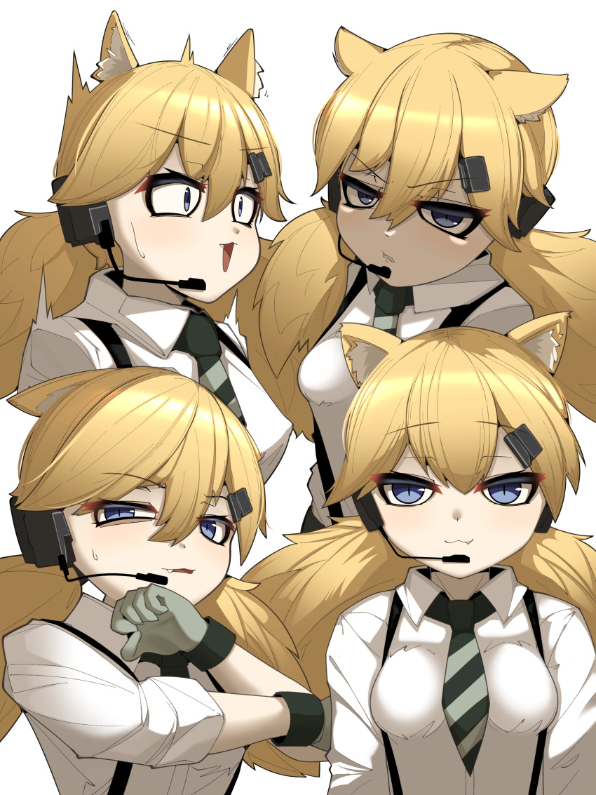 1girl :3 absurdres animal_ear_fluff animal_ears blonde_hair blue_eyes breasts cat_ears commentary fang girls_frontline gloves green_gloves green_necktie hair_between_eyes hair_ornament hairclip headset highres idw_(girls'_frontline) impossible_clothes long_hair long_sleeves looking_at_viewer medium_breasts multiple_views necktie open_mouth shaded_face shirt simple_background sleeves_rolled_up slit_pupils smile striped_necktie surprised suspenders sweatdrop trembling twintails upper_body v-shaped_eyebrows white_background white_shirt yonao