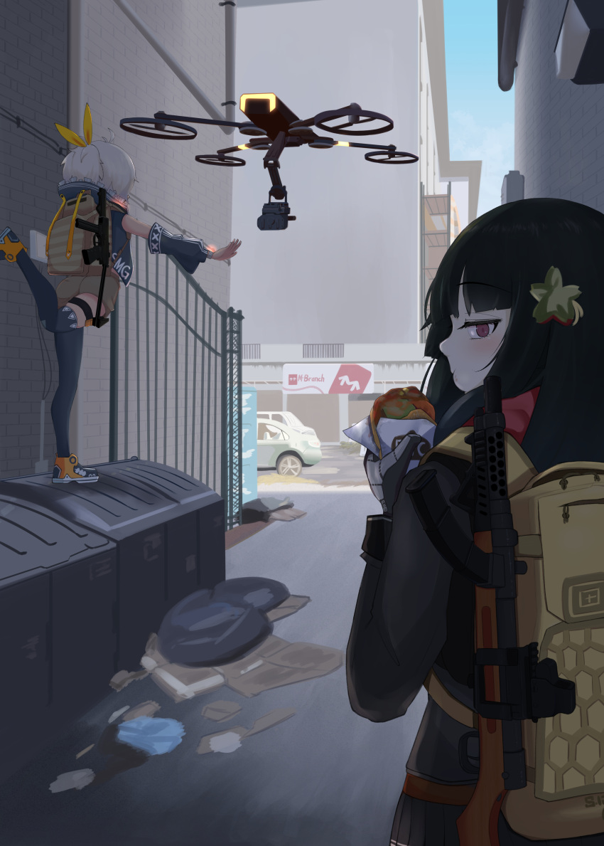 2girls absurdres ahoge alley animal_hood ass backpack bag balancing black_footwear black_hair black_sleeves black_thighhighs blush brown_shorts car commentary_request crossover dark_skin detached_sleeves drone dumpster eating flower food food_request gate girls_frontline gloves ground_vehicle gun gun_on_back hair_flower hair_ornament hair_ribbon highres hime_cut hood klin_(girls'_frontline) looking_at_viewer looking_back motor_vehicle multicolored_footwear multiple_girls outdoors outstretched_arms ponytail pp-91_kedr rabbit_hood red_eyes ribbon shorts standing standing_on_object submachine_gun thigh-highs tom_clancy's_the_division trash_bag type_100 type_100_(girls'_frontline) watch watch weapon weapon_on_back white_hair yellow_footwear yellow_ribbon yonao zipper