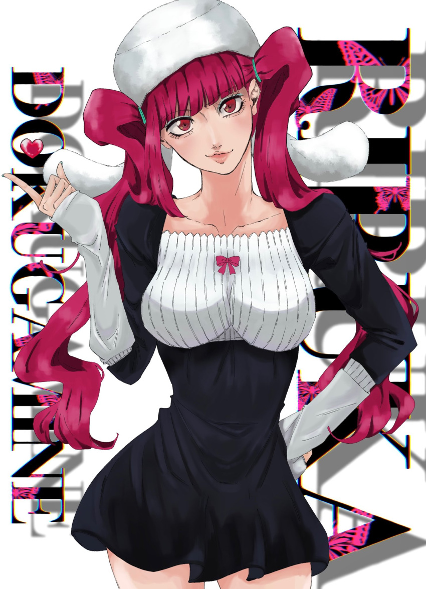 1girl animal_hat bangs bleach bm_0703 bunny_hat character_name closed_mouth collarbone cowboy_shot dokugamine_riruka english_text hat highres long_hair long_sleeves looking_at_viewer pink_eyes pink_hair sleeves_past_wrists smile twintails very_long_hair white_headwear