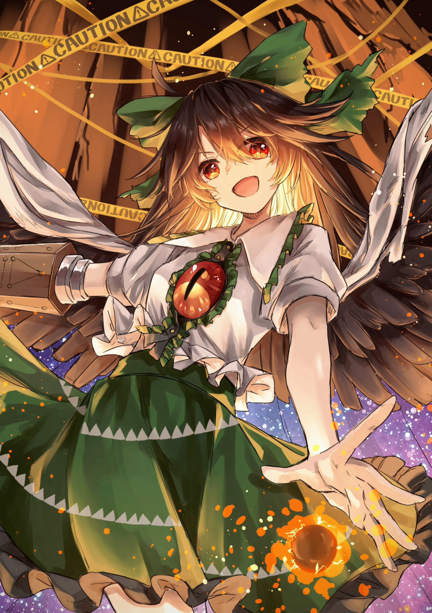 1girl :d ahoge arm_cannon bangs bird_wings black_wings bow breasts brown_eyes brown_hair buttons cape caution_tape center_frills collared_shirt commentary control_rod cowboy_shot fire frilled_shirt frilled_shirt_collar frilled_skirt frills green_bow green_skirt hair_between_eyes hair_bow highres long_hair looking_at_viewer mizudori_(msarasoju) open_mouth reiuji_utsuho shirt short_sleeves skirt small_breasts smile solo starry_sky_print third_eye touhou weapon white_cape white_shirt wings