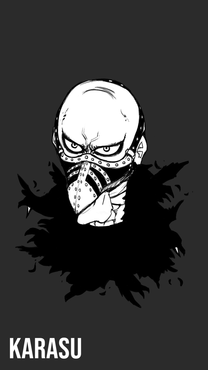 1boy abs ascot bald black_cloak blacknirrow character_name chibi cloak commentary english_commentary english_text forehead full_body furrowed_brow grey_background greyscale highres karasu_(one_piece) looking_at_viewer male_focus mask monochrome mouth_mask one_piece plague_doctor_mask simple_background sketch solo toned