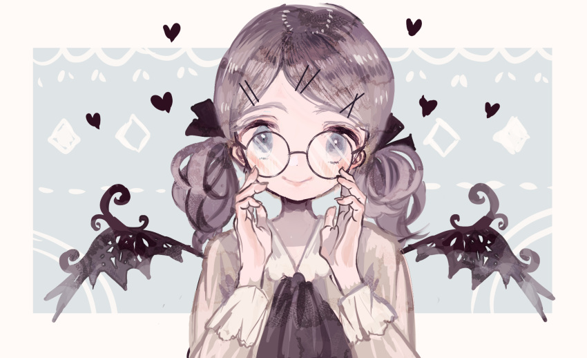 1girl black-framed_eyewear black_ribbon black_wings blouse blue_eyes finger_on_eyewear frilled_sleeves frills glasses grey_hair hair_ornament hair_ribbon hairpin heart highres light_blue_background long_sleeves looking_at_viewer low_twintails mini_wings multiple_hairpins original ribbon round_eyewear shirt smile solo supika twintails two-tone_background two-tone_shirt upper_body white_background white_shirt wings x_hair_ornament