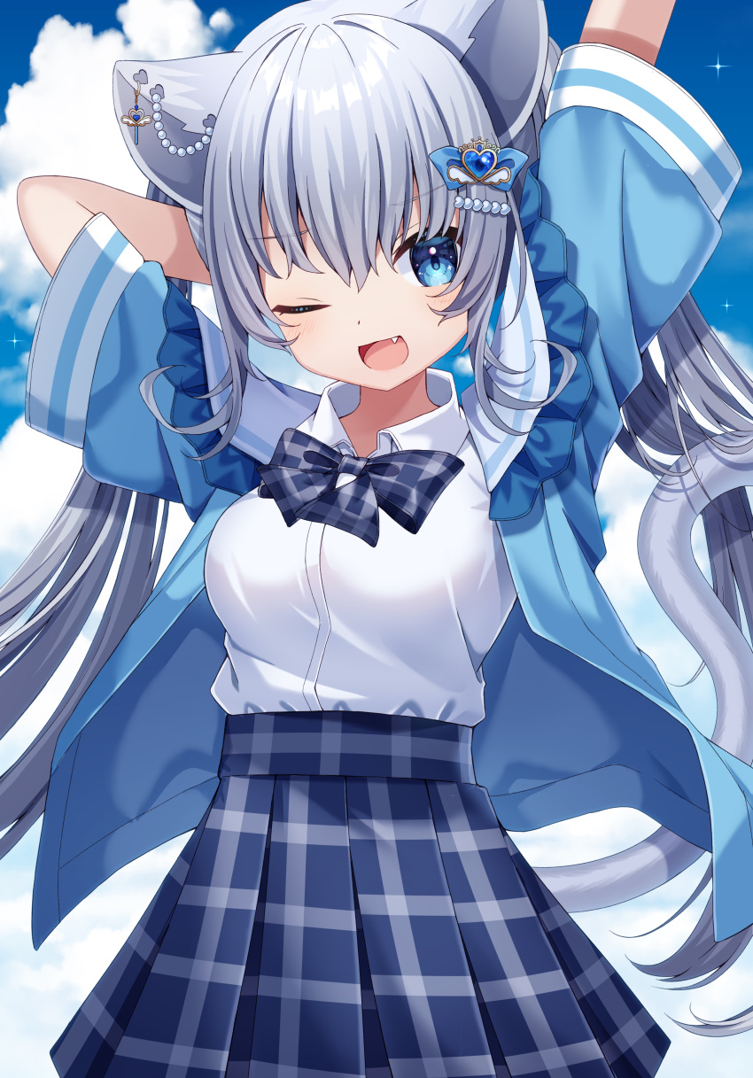 1girl ;d absurdres animal_ears arm_behind_head arms_up bangs blue_bow blue_eyes blue_jacket blue_skirt blue_sky bow breasts cat_ears cat_girl cat_tail clouds cloudy_sky collared_shirt commentary_request day dress_shirt fang frilled_sailor_collar frills grey_hair hair_between_eyes highres jacket long_sleeves looking_at_viewer medium_breasts one_eye_closed open_clothes open_jacket original outdoors plaid plaid_bow plaid_skirt pleated_skirt puffy_long_sleeves puffy_sleeves sailor_collar sapphire_(sapphire25252) shirt skirt sky smile solo tail white_sailor_collar white_shirt
