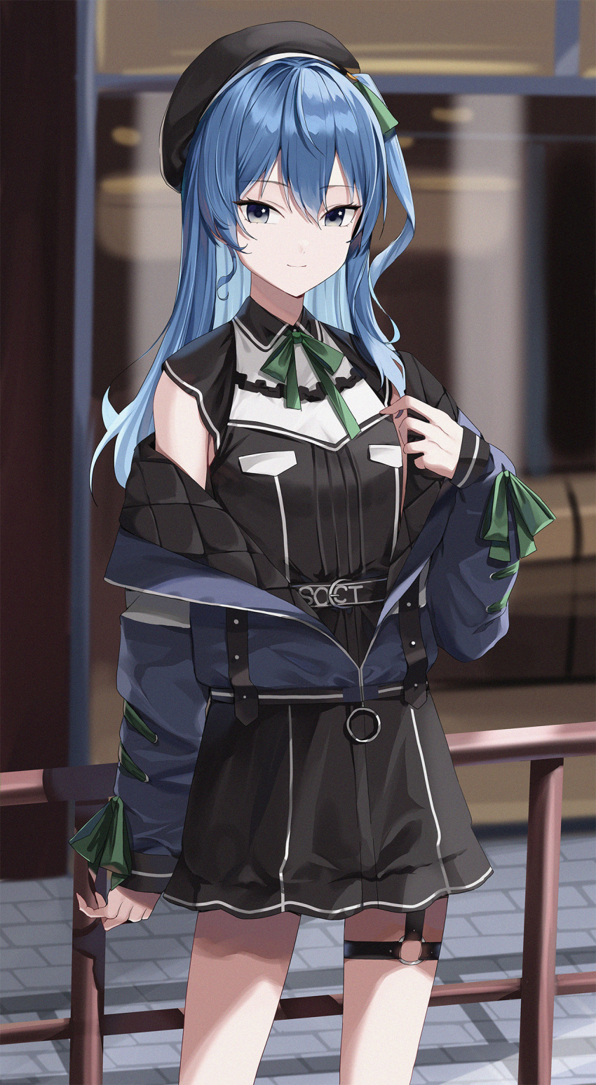 1girl bangs beret black_headwear black_shirt black_skirt blue_hair blue_jacket blurry blurry_background bow closed_mouth commentary_request day depth_of_field green_bow grey_eyes hair_between_eyes hand_up hat highres hololive hoshimachi_suisei jacket long_hair long_sleeves looking_at_viewer off_shoulder one_side_up open_clothes open_jacket outdoors puffy_long_sleeves puffy_sleeves railing shirt skirt sleeves_past_wrists smile solo virtual_youtuber yuzu-aki