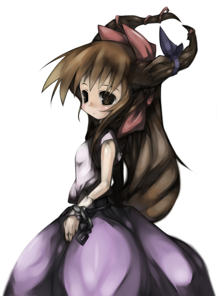 brown_eyes brown_hair chain cusui expressionless hair_bow highres horns ibuki_suika long_skirt simple_background touhou