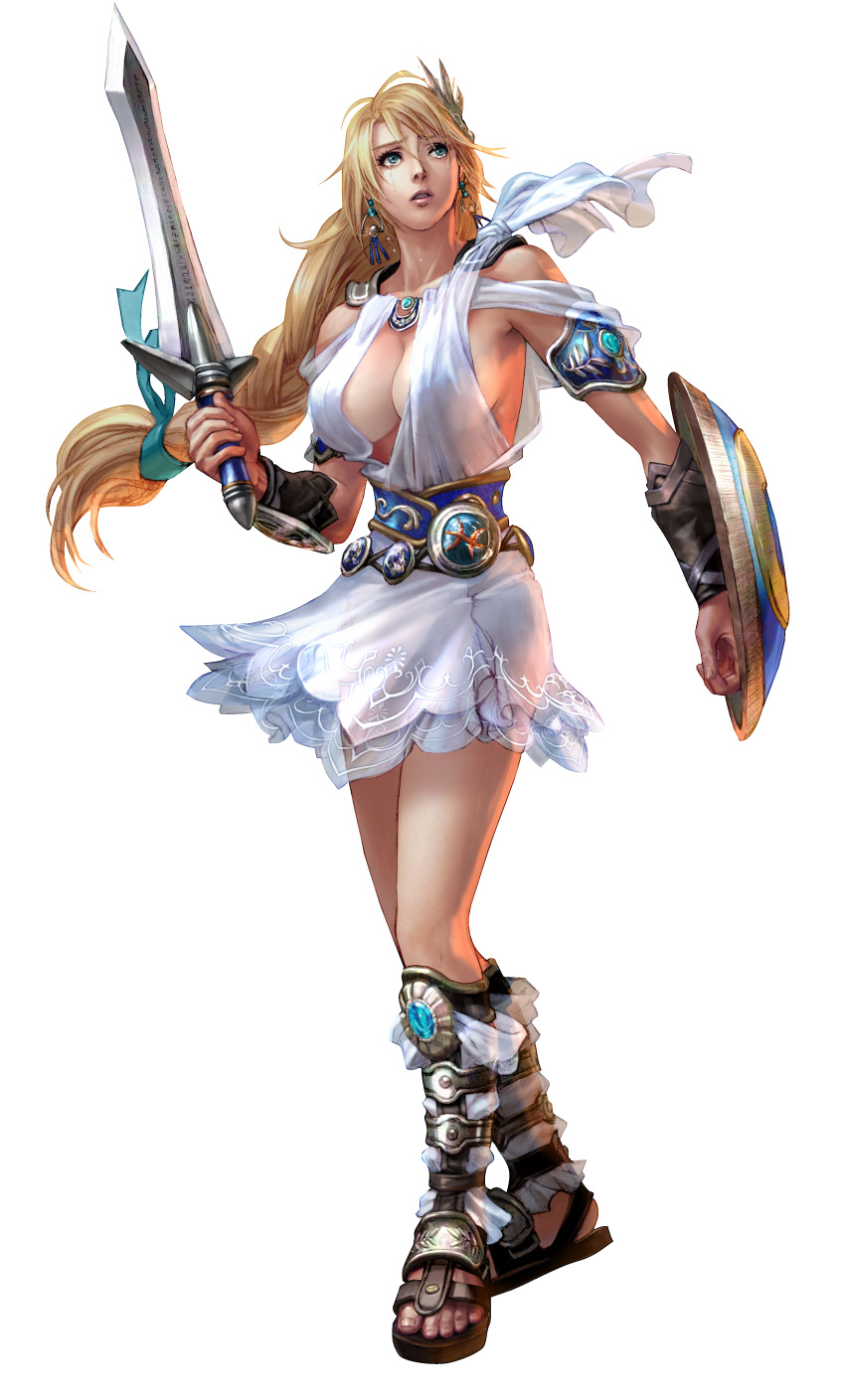 1girl absurdres aqua_eyes aqua_ribbon blonde_hair braided_ponytail breasts center_opening cleavage dress earrings female full_body hair_ornament hair_ribbon highres holding holding_sword holding_weapon jewelry kawano_takuji large_breasts long_hair looking_away official_art parted_lips ribbon shield simple_background solo sophitia_alexandra soul_calibur standing sword tears toeless_footwear weapon white_background