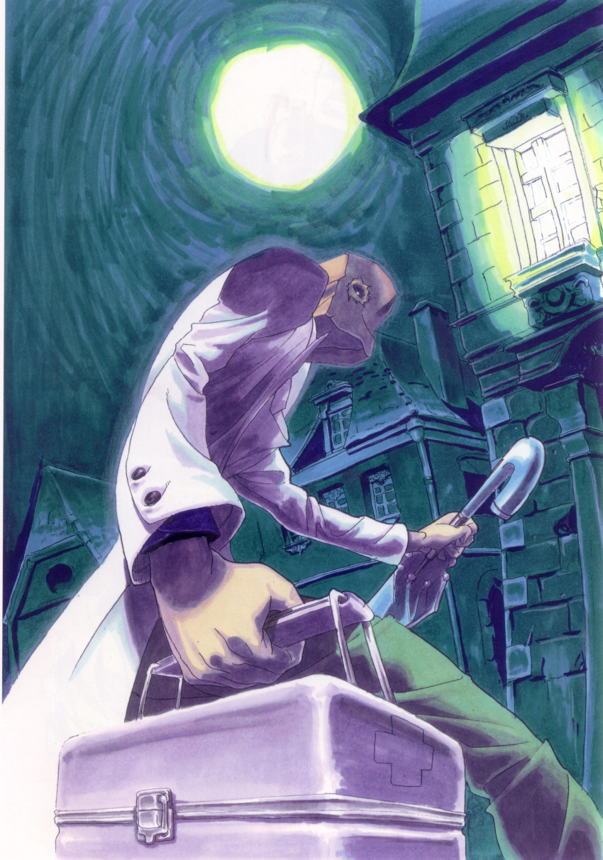 1boy bag_over_head buildings faust first_aid_kit foreshortening glowing_eye green_pants guilty_gear labcoat male moon night paper_bag umbrella white_coat