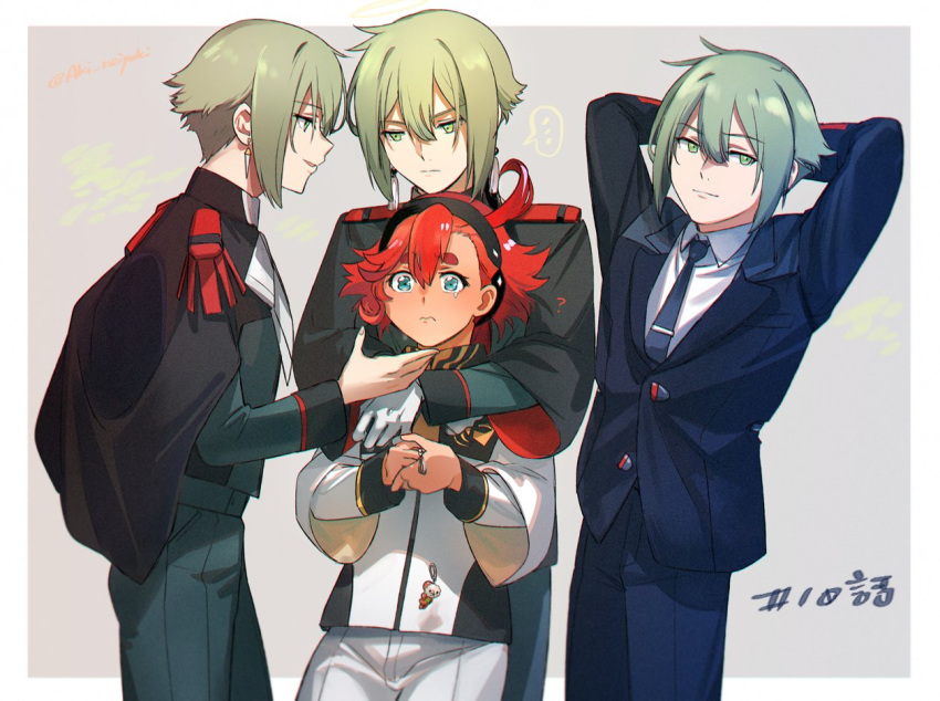 1girl 3boys ahoge aki_(neyuki41028) asticassia_school_uniform bangs black_hairband blue_eyes blush couple earrings elan_ceres formal green_eyes green_hair gundam gundam_suisei_no_majo hair_between_eyes hairband hug hug_from_behind jacket jewelry long_hair low_ponytail md5_mismatch multiple_boys necktie open_mouth redhead school_uniform short_hair smile suit suletta_mercury thick_eyebrows