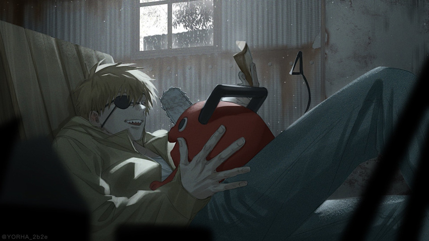 1boy 1other blonde_hair chainsaw chainsaw_man commentary_request day denim denji_(chainsaw_man) eyepatch feet_out_of_frame highres holding indoors jacket jeans knee_up long_sleeves looking_at_another lying male_focus nose open_clothes open_jacket open_mouth pants pochita_(chainsaw_man) sharp_teeth short_hair smile teeth twitter_username window yellow_jacket yorha_2b2e