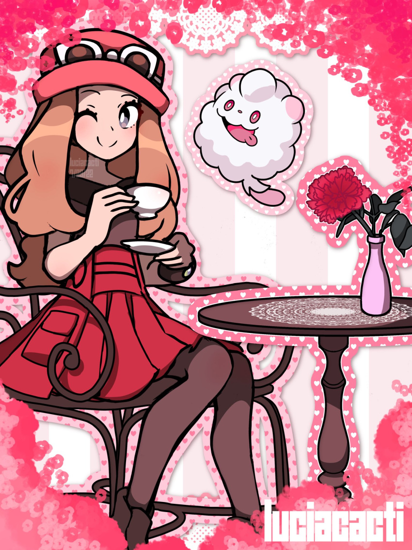 1girl black_footwear black_shirt blonde_hair chair collared_shirt cup eyewear_on_head flower flower_pot grey_eyes heart highres holding holding_cup looking_at_viewer luciacacti mega_ring one_eye_closed pleated_skirt pokemon pokemon_(creature) pokemon_(game) pokemon_xy red_headwear red_skirt rose serena_(pokemon) shirt sitting skirt sleeveless sleeveless_shirt smile sunglasses swirlix table teacup thigh-highs tongue tongue_out watermark