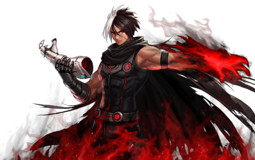 1boy artist_request bare_shoulders black_fire black_hair burning cloak dark_skin fire flame male_focus metal_gloves multicolored_hair muscular muscular_male nameless_(kof) official_art pyrokinesis red_eyes red_fire scar scar_across_eye scar_on_cheek scar_on_face solo the_king_of_fighters the_king_of_fighters_2002 the_king_of_fighters_all-stars two-tone_hair white_hair