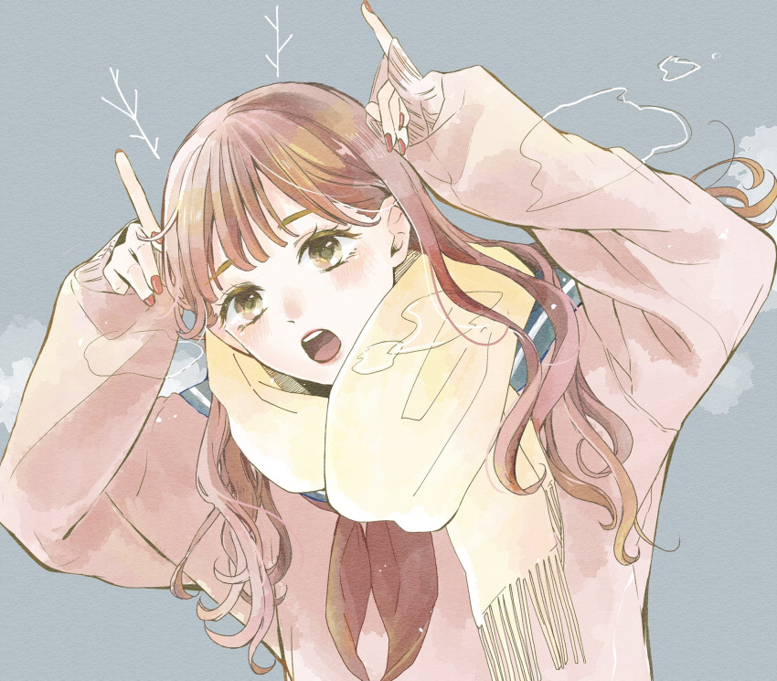 1girl baggy_clothes bangs blue_sailor_collar blush brown_eyes brown_hair brown_neckerchief drawn_antlers eyelashes fingernails furusato_kou grey_background hand_on_own_head hand_up highres long_hair long_sleeves looking_at_viewer neckerchief open_mouth original red_nails sailor_collar scarf school_uniform serafuku sleeves_past_wrists solo steam teeth upper_body upper_teeth yellow_eyes yellow_scarf