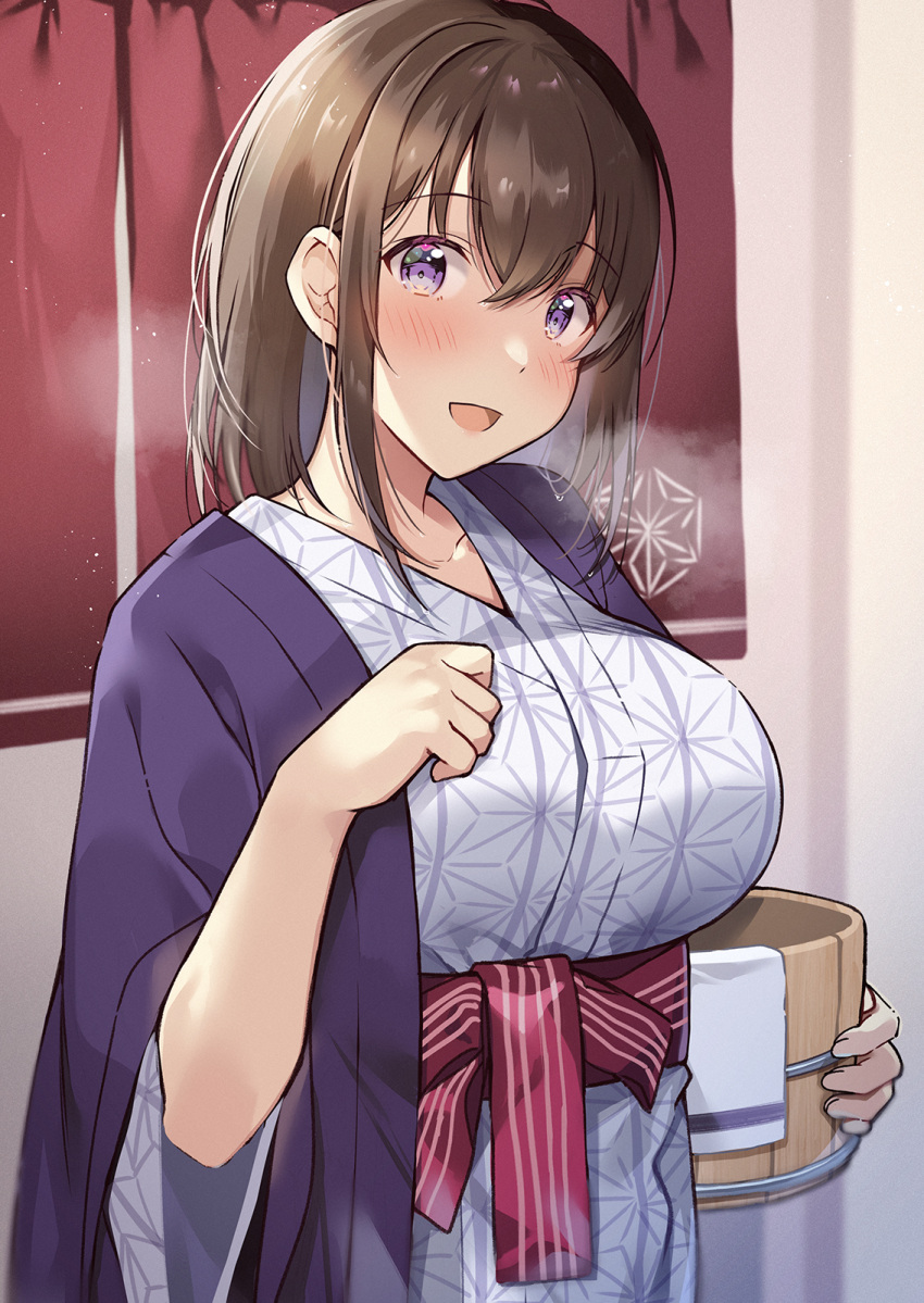 1girl :d bangs blue_kimono blush breasts brown_hair bucket collarbone commentary_request crossed_bangs hawawa-chan_(shiro_kuma_shake) highres japanese_clothes kimono large_breasts long_hair obi onsen open_mouth original sash shiro_kuma_shake smile solo standing upper_body violet_eyes wide_sleeves wooden_bucket yukata