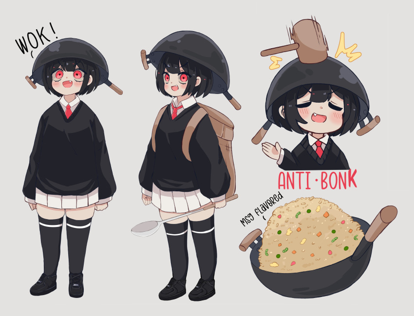 1girl :d absurdres backpack bag black_sweater black_thighhighs blush bowl bowl_hat collared_shirt english_text fang food fried_rice grey_background hat highres holding holding_ladle ladle melonbread miniskirt motion_lines multiple_views necktie original pleated_skirt red_eyes red_necktie shirt simple_background skindentation skirt smile sweater thigh-highs thighs white_shirt wok zettai_ryouiki