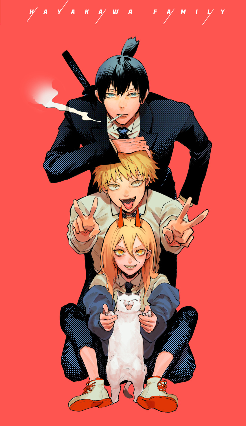 1girl 2boys akiharu_(nanjaaaaa) animal black_hair black_jacket black_necktie blonde_hair blue_eyes blue_jacket cat chainsaw_man cigarette cross-shaped_pupils denji_(chainsaw_man) double_v formal hair_between_eyes hayakawa_aki highres holding holding_animal holding_cat horns jacket jacket_partially_removed katana kneeling leaning_on_person long_hair looking_at_viewer meowy_(chainsaw_man) multiple_boys necktie open_mouth power_(chainsaw_man) red_background red_horns sharp_teeth shirt short_hair simple_background sitting smile smoke smoking suit sword symbol-shaped_pupils teeth tongue tongue_out topknot v weapon weapon_on_back white_shirt yellow_eyes