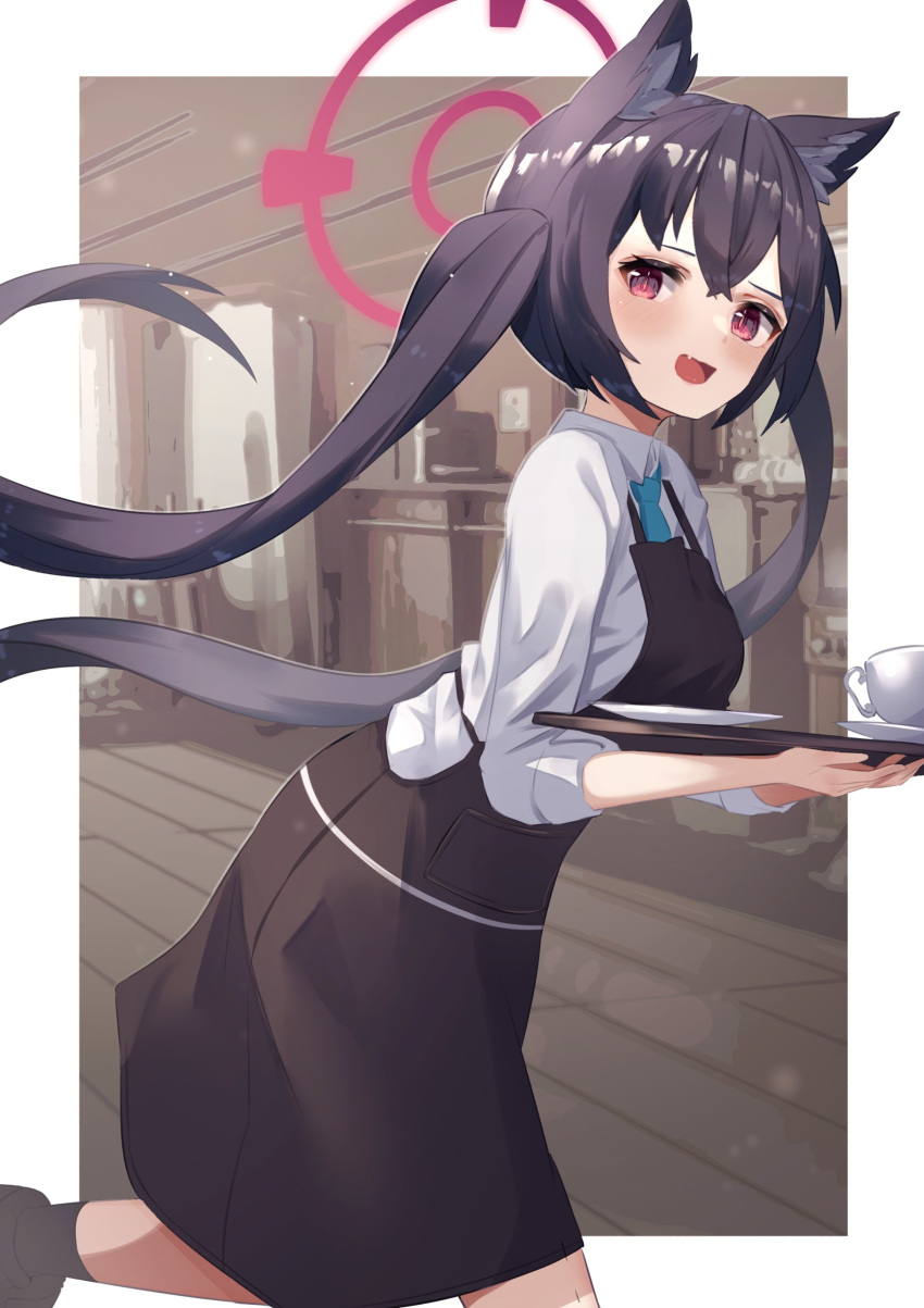1girl absurdres animal_ear_fluff animal_ears apron bangs black_hair blue_archive blue_necktie blush cat_ears collared_shirt commentary_request e_buki fang feet_out_of_frame halo highres holding holding_tray indoors long_hair looking_at_viewer looking_to_the_side necktie open_mouth red_eyes serika_(blue_archive) shirt smile solo tray twintails waitress