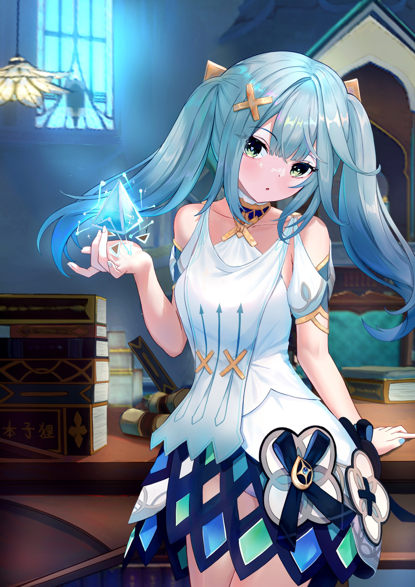 1girl :o absurdres aqua_hair arm_support bare_shoulders blue_nails blurry blurry_background book book_stack breasts cowboy_shot dress eyes_visible_through_hair faruzan_(genshin_impact) floating floating_hair floating_object genshin_impact green_eyes hair_ornament highres jewelry lamp long_hair looking_at_viewer medium_breasts multicolored_clothes multicolored_skirt nail_polish neck_ring parted_lips scroll short_sleeves skirt skirt_cutout solo standing table tenshin_no_kehyaku_tanuki triangle-shaped_pupils twintails white_dress window x_hair_ornament