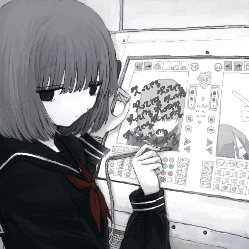 1girl bangs black_eyes black_sailor_collar black_serafuku blunt_bangs closed_mouth commentary_request dot_nose drawing_tablet empty_eyes expressionless grey_hair hands_up highres holding holding_stylus long_sleeves looking_at_viewer monochrome neckerchief noroi_(rnatataki) original red_neckerchief sailor_collar school_uniform serafuku short_hair solo spot_color stylus translation_request upper_body