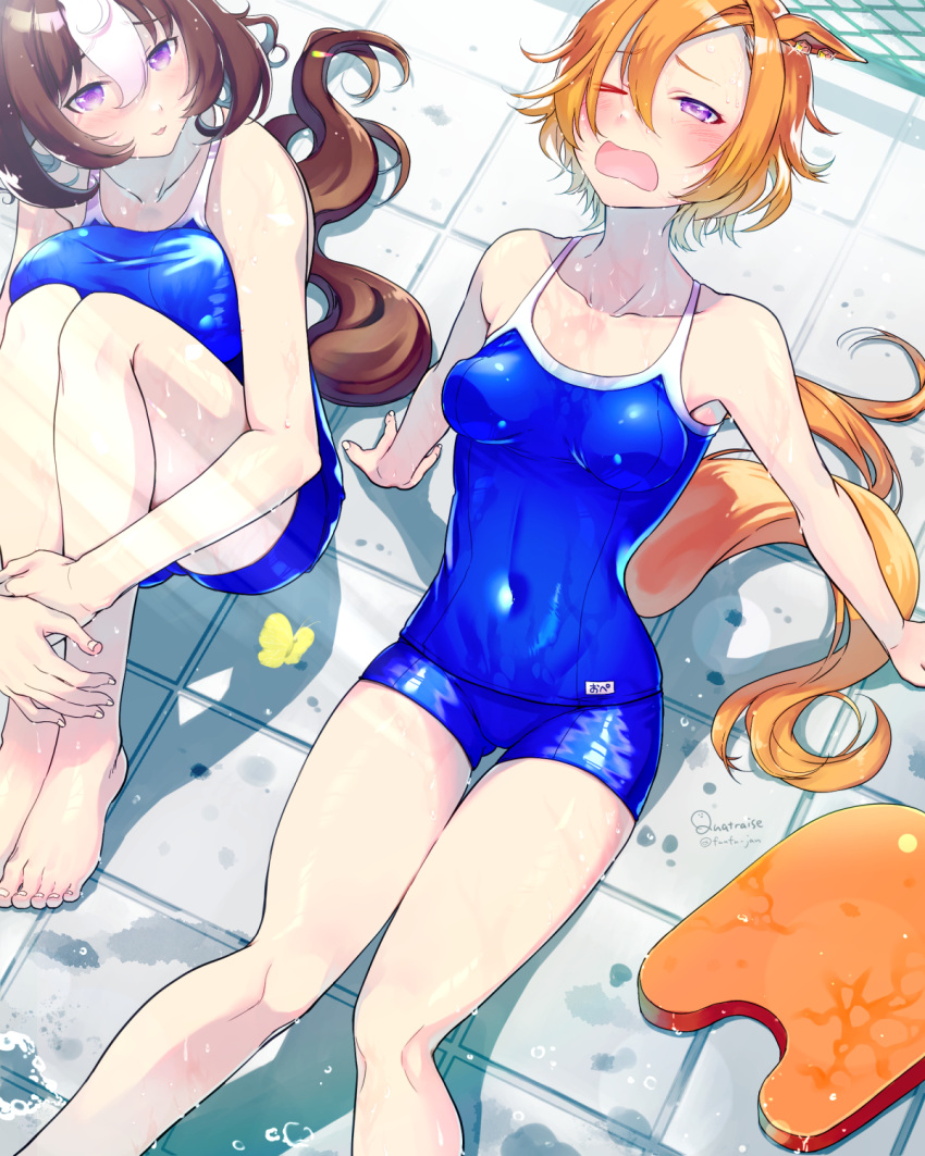 2girls animal_ears artist_name bangs barefoot blue_one-piece_swimsuit breasts brown_hair commentary_request covered_navel day frown half-closed_eye highres horse_ears horse_girl horse_tail hugging_own_legs large_breasts leaning_back looking_at_another medium_hair meisho_doto_(umamusume) multicolored_hair multiple_girls one_eye_closed open_mouth orange_hair outdoors parted_lips quatraise shadow short_hair signature sitting small_breasts smile streaked_hair sweat swept_bangs swimsuit t.m._opera_o_(umamusume) tail thigh_gap tracen_swimsuit twitter_username umamusume violet_eyes wet white_hair