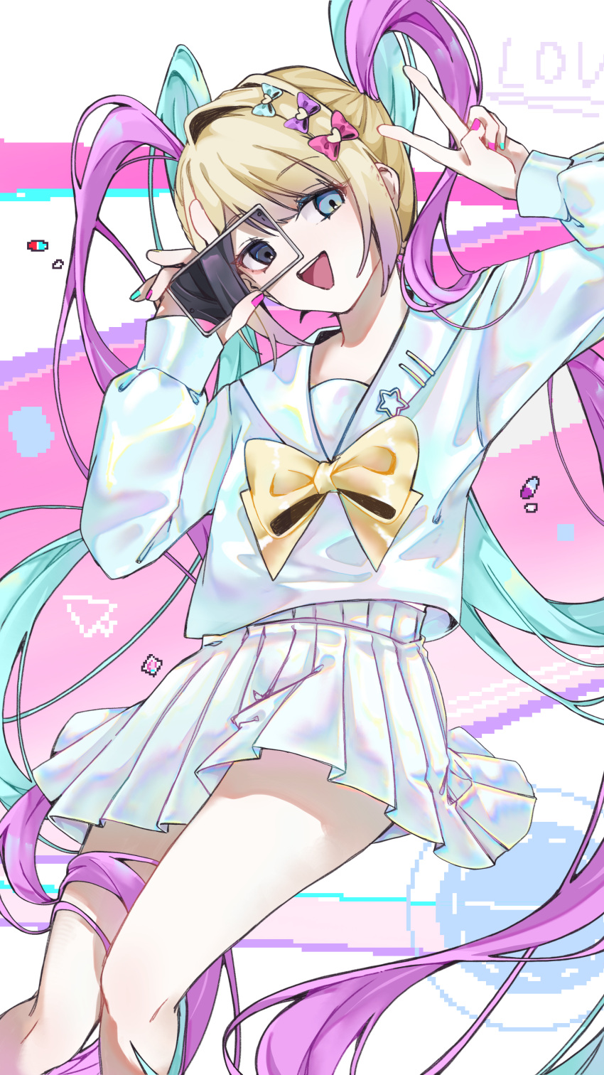 1girl absurdres ame-chan_(needy_girl_overdose) bangs black_eyes black_hair blonde_hair blue_bow blue_eyes blue_hair blue_nails blue_shirt blue_skirt bow cellphone chouzetsusaikawa_tenshi-chan hair_bow highres holding holding_phone holographic_clothing long_hair long_sleeves looking_at_viewer medicine-mo multicolored_hair multicolored_nails needy_girl_overdose open_mouth phone pill pink_bow pink_hair pink_nails pleated_skirt purple_bow quad_tails sailor_collar school_uniform serafuku shirt skirt smartphone smile solo twintails v very_long_hair yellow_bow
