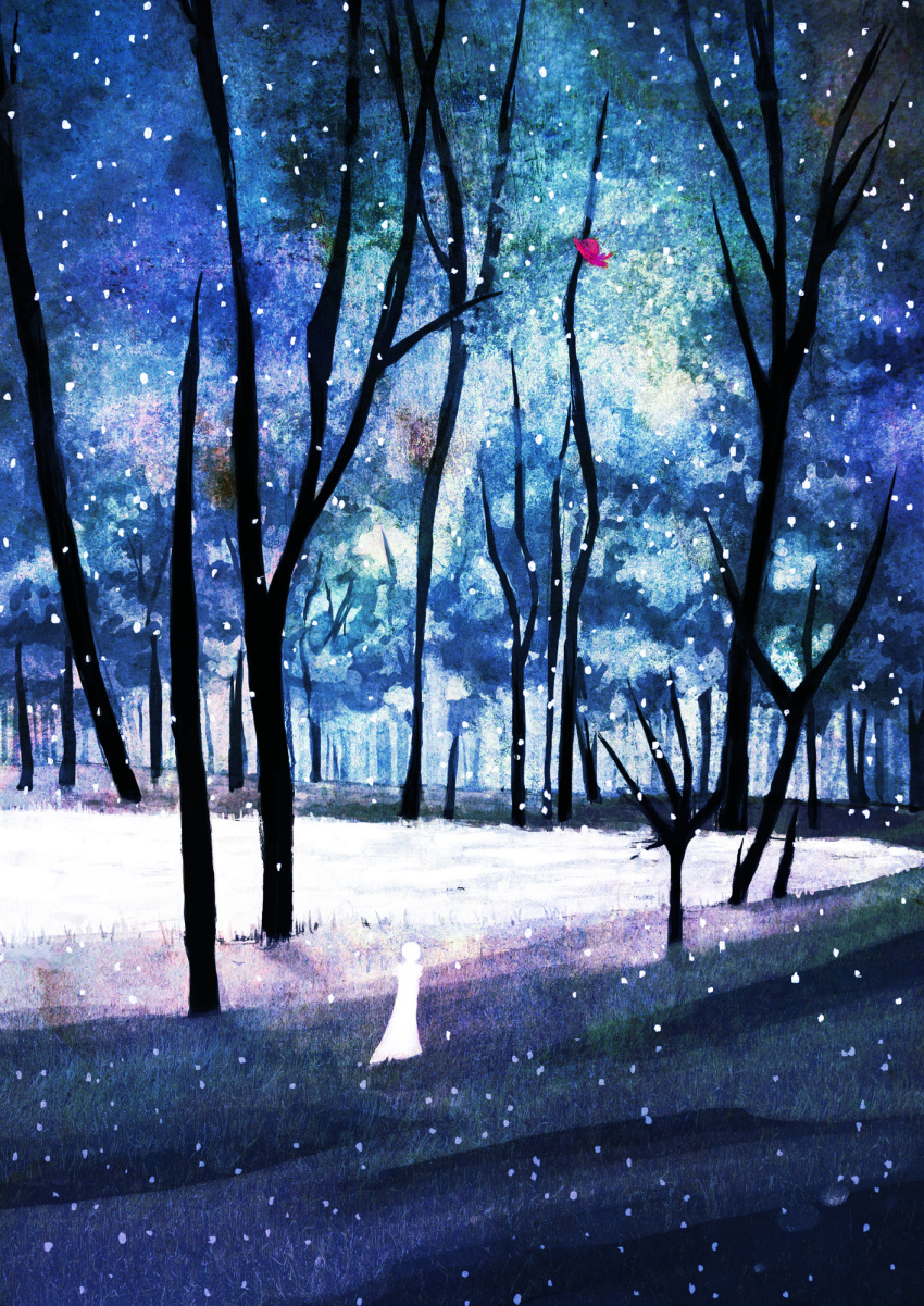 1other blue_theme bug butterfly flying forest grass highres nature night original painting_(medium) path pixiv_festa scenery sheepme silhouette snow snowing solo tagme traditional_media tree wide_shot