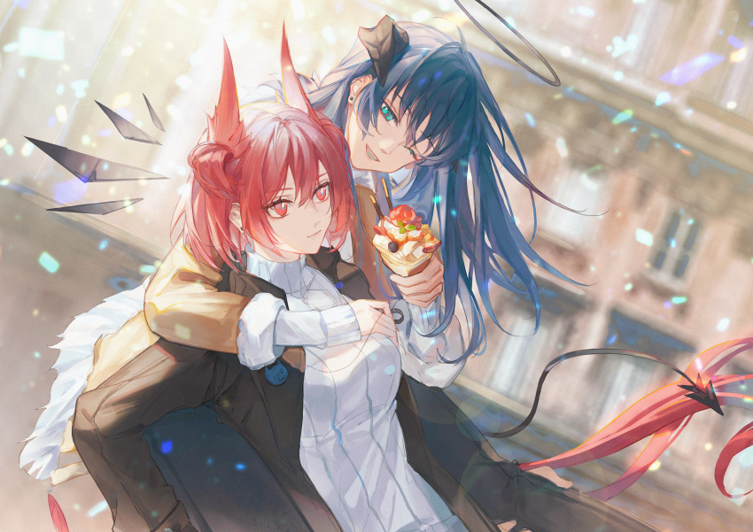 2girls ;d animal_ears arknights bird_ears bird_girl bird_tail black_jacket blue_eyes blue_hair blue_tongue breasts brown_jacket colored_tongue crepe dark_halo demon_horns detached_wings earrings energy_wings fiammetta_(arknights) food fur-trimmed_sleeves fur_trim halo highres holding holding_food horns hug hug_from_behind jacket jewelry long_hair long_sleeves luren_max medium_breasts mostima_(arknights) multiple_girls one_eye_closed open_clothes open_jacket pocky red_eyes redhead ribbed_sweater short_hair smile sweater tail white_sweater wings yuri