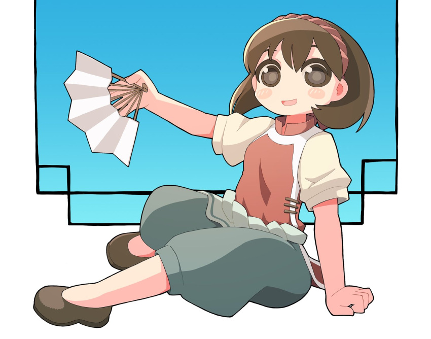 1girl blush_stickers breasts brown_eyes brown_hair full_body gensou_suikoden gensou_suikoden_ii hairband looking_at_viewer nanami_(suikoden) open_mouth pants shirt short_hair smile solo ugif