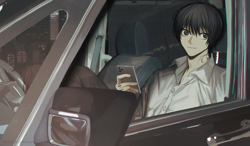 1boy black_eyes black_hair blood car cellphone chinikuniku closed_mouth collared_shirt corpse dated ground_vehicle hand_up highres holding holding_phone male_focus motor_vehicle nagumo_(sakamoto_days) neck_tattoo phone sakamoto_days shirt short_hair smile solo tattoo twitter_username white_shirt