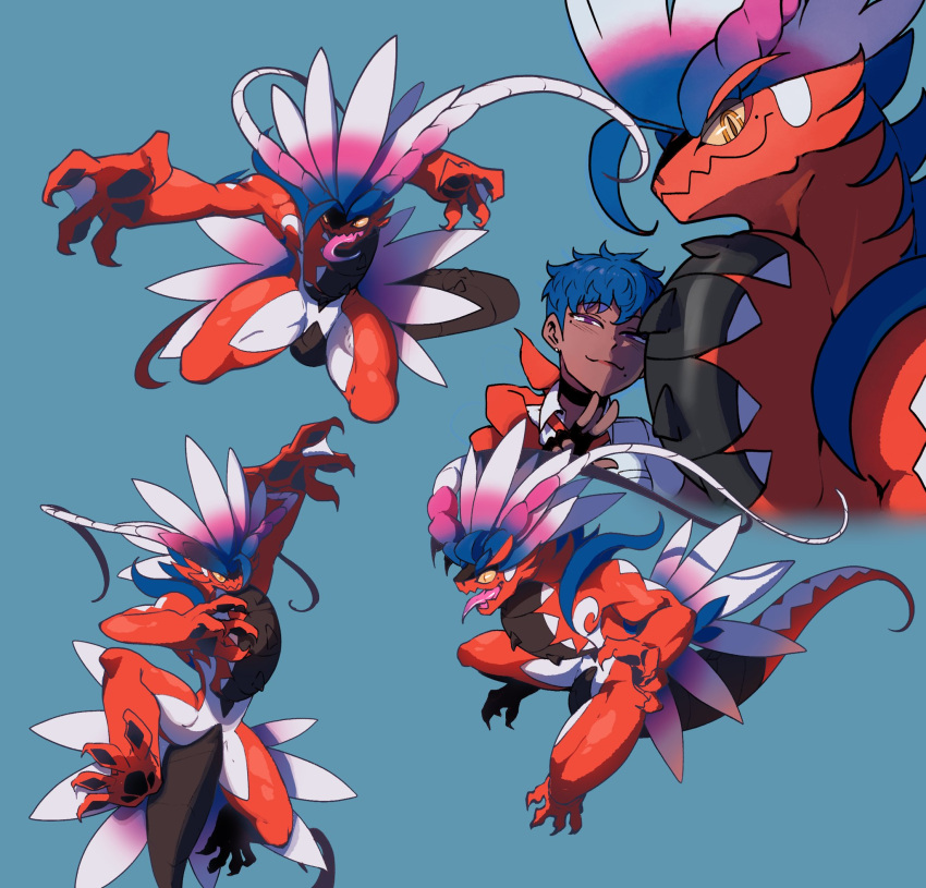 1girl blue_background blue_hair closed_mouth dark-skinned_female dark_skin highres koraidon looking_at_viewer nyantcha original pokemon pokemon_(creature) simple_background smile violet_eyes