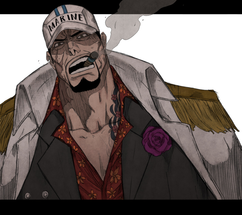 1boy beard black_hair black_jacket cigar coat coat_on_shoulders collarbone facial_hair flower hat highres hyt397 jacket looking_at_viewer male_focus mouth_hold neck_tattoo one_piece partially_unbuttoned red_shirt sakazuki_(akainu) scar scar_on_face shirt short_hair smoking solo tattoo teeth_hold upper_body white_background white_coat white_headwear