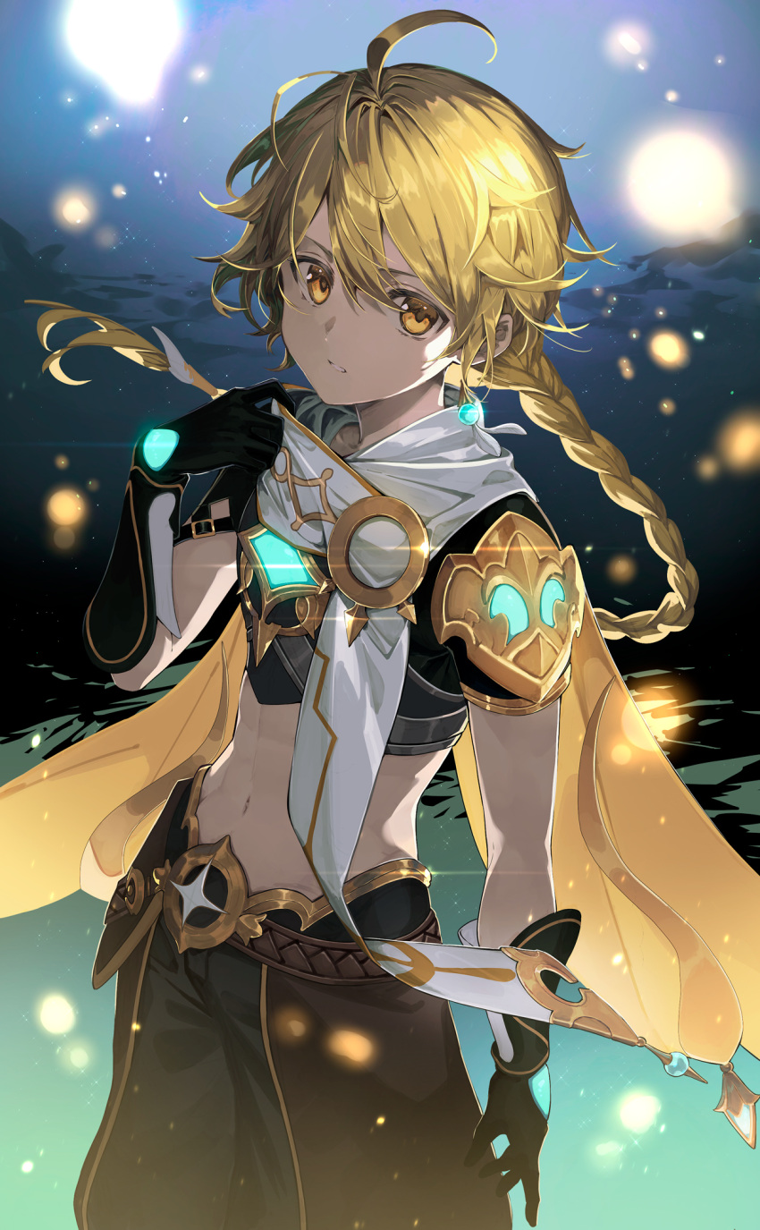 1boy aether_(genshin_impact) ahoge armor blonde_hair braid capelet duplicate earrings fireflies genshin_impact gloves hair_between_eyes highres jewelry long_hair looking_at_viewer male_focus midriff mito_itsuki navel night night_sky outdoors pants pixel-perfect_duplicate scarf single_earring sky solo yellow_eyes
