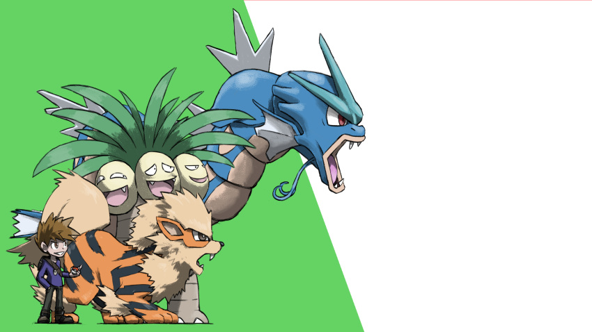 1boy animal_focus arcanine bag black_eyes black_pants blacknirrow blue_shirt bright_pupils brown_eyes brown_footwear brown_hair commentary english_commentary exeggutor fangs from_side full_body gary_oak green_background grin gyarados hand_in_pocket hand_up happy highres holding holding_poke_ball jewelry long_sleeves looking_to_the_side multiple_heads necklace open_mouth pants poke_ball poke_ball_(basic) pokemon pokemon_(creature) pokemon_(game) pokemon_rgby profile red_eyes shirt shoes short_hair shoulder_bag simple_background smile spiky_hair standing teeth two-tone_background v-shaped_eyebrows white_pupils