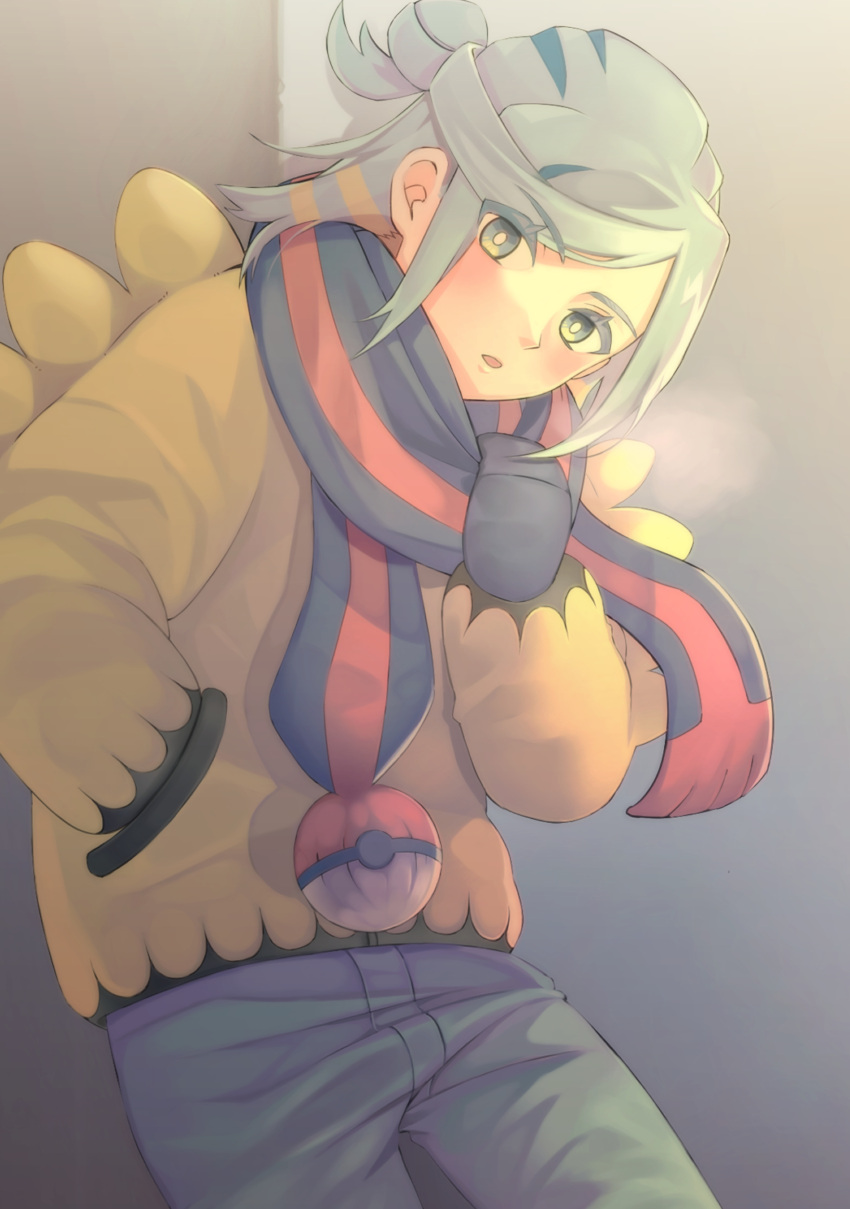 1boy absurdres breath bright_pupils commentary_request cowboy_shot grusha_(pokemon) hand_in_pocket hand_up highres ichinoseki_hanowo jacket leaning long_hair long_sleeves looking_at_viewer male_focus mittens pants parted_lips pokemon pokemon_(game) pokemon_sv pulled_by_self scarf scarf_pull solo white_pupils yellow_jacket
