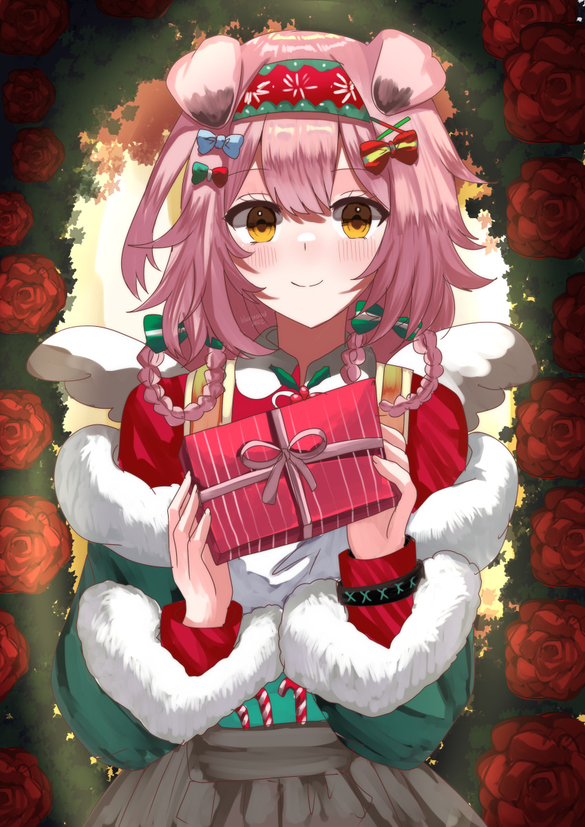 1girl absurdres animal_ears arknights blue_bow blue_sealad blush bow box braid candy candy_cane cat_ears cat_girl floral_print flower food fur_trim gift gift_box goldenglow_(arknights) green_bow grey_skirt hair_bow hair_ornament hairband highres holding holding_gift infection_monitor_(arknights) poinsettia print_hairband red_flower red_hairband red_shirt shirt skirt smile solo upper_body x_hair_ornament yellow_eyes