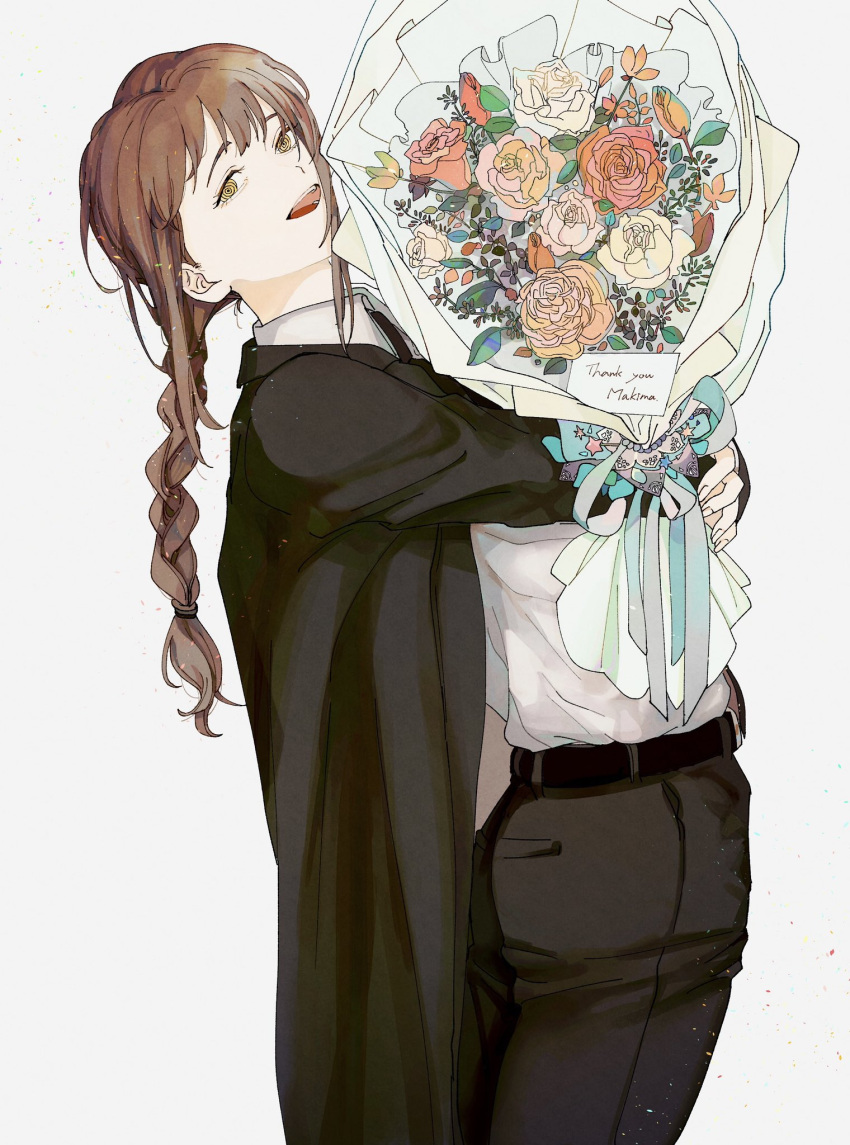 1girl bangs black_coat black_necktie bouquet braid braided_ponytail chainsaw_man coat collared_shirt formal highres holding holding_bouquet leaning_back looking_at_viewer makima_(chainsaw_man) medium_hair necktie open_mouth ringed_eyes sensui_n2 shirt shirt_tucked_in sidelocks simple_background smile solo suit white_background white_shirt yellow_eyes