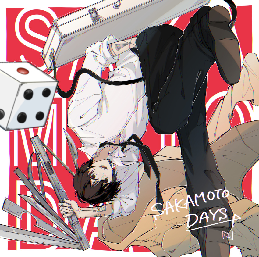 1boy absurdres arm_tattoo bangs black_eyes black_footwear black_hair black_necktie black_pants box brown_coat coat copyright_name dice full_body hair_between_eyes hand_in_pocket highres holding holding_weapon looking_at_viewer male_focus nagumo_(sakamoto_days) necktie open_mouth pants red_background sakamoto_days shirt short_hair shoulder_strap sleeves_rolled_up smile solo spaklemikan1263 tattoo upside-down weapon white_shirt