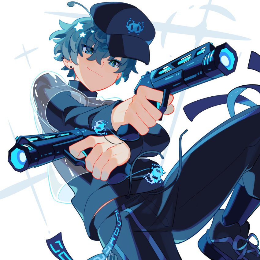 1boy antennae black_headwear blue_eyes blue_hair charm_(object) commentary commission constellor crossed_arms dual_wielding earrings english_commentary from_below gun hair_between_eyes handgun hat highres holding holding_gun holding_weapon indie_virtual_youtuber jacket jewelry male_focus sakurai_shuu science_fiction second-party_source see-through see-through_jacket smug solo stud_earrings virtual_youtuber weapon