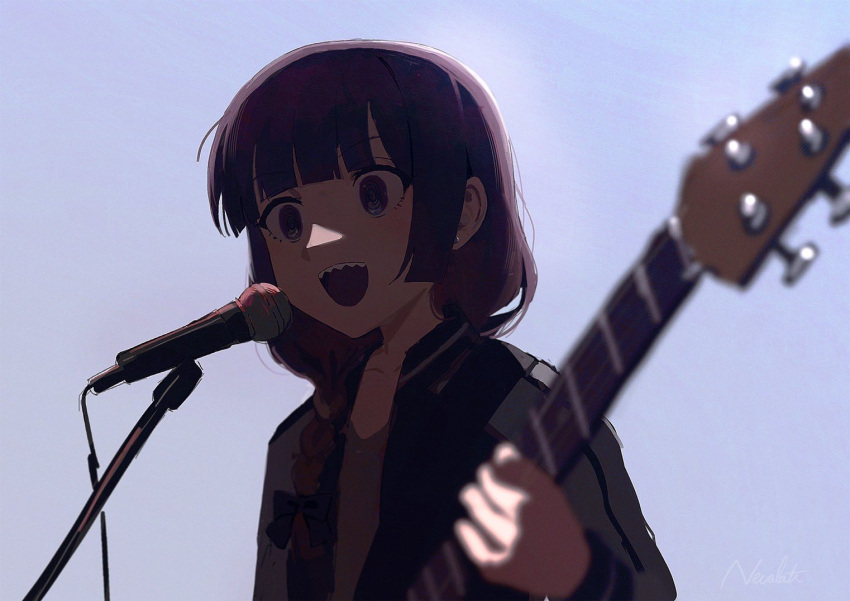 1girl bangs bass_guitar black_bow blunt_bangs bocchi_the_rock! bow braid commentary_request dress hair_bow hair_over_shoulder hiroi_kikuri holding holding_instrument im_catfood instrument jacket long_hair microphone music open_clothes open_jacket open_mouth playing_instrument sharp_teeth simple_background single_braid smile solo teeth