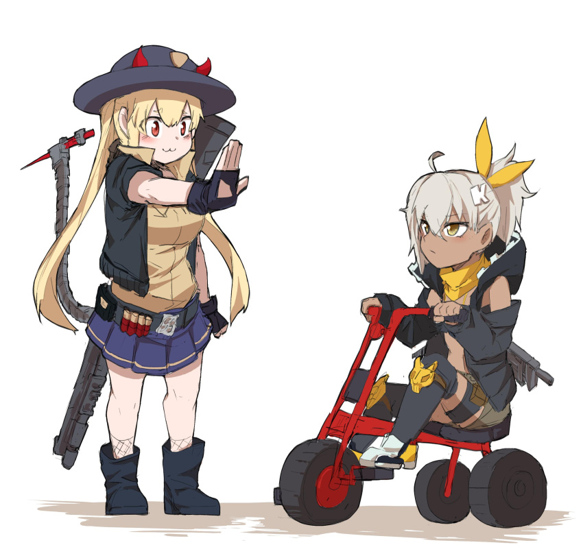 2girls :3 absurdres ahoge bandana black_jacket black_thighhighs blonde_hair blue_skirt boots breasts brown_shirt closed_mouth commentary_request dark-skinned_female dark_skin detached_sleeves fingerless_gloves full_body girls_frontline gloves grey_hair gun hair_between_eyes hair_ribbon hat highres horned_hat jacket klin_(girls'_frontline) knee_pads large_breasts letter_hair_ornament looking_at_another m870_(girls'_frontline) mechanical_tail medium_hair multiple_girls open_hand pleated_skirt ponytail pp-91_kedr red_eyes remington_870 ribbon riding riding_tricycle shirt shoes short_hair_with_long_locks short_sleeves shotgun shotgun_shell simple_background skirt sleeveless sleeveless_jacket sneakers standing submachine_gun tail takoongyi thigh-highs thigh_strap tricycle weapon white_background white_footwear yellow_bandana yellow_eyes yellow_ribbon
