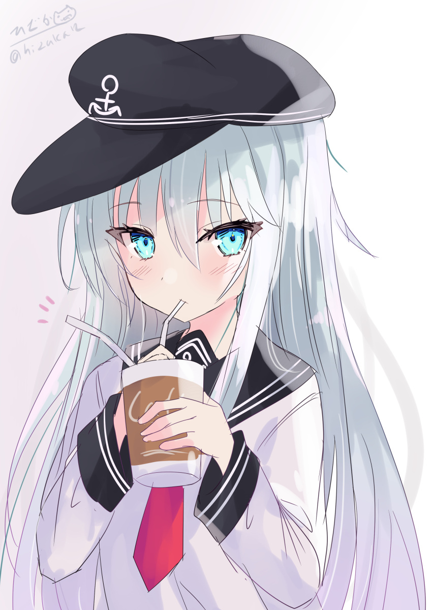 1girl absurdres anchor_symbol black_headwear black_sailor_collar blue_eyes blush drink drinking_straw drinking_straw_in_mouth flat_cap hair_between_eyes hat hibiki_(kancolle) highres hizaka holding holding_drink kantai_collection long_hair long_sleeves neckerchief one-hour_drawing_challenge red_neckerchief sailor_collar school_uniform serafuku signature simple_background solo twitter_username upper_body white_background white_hair