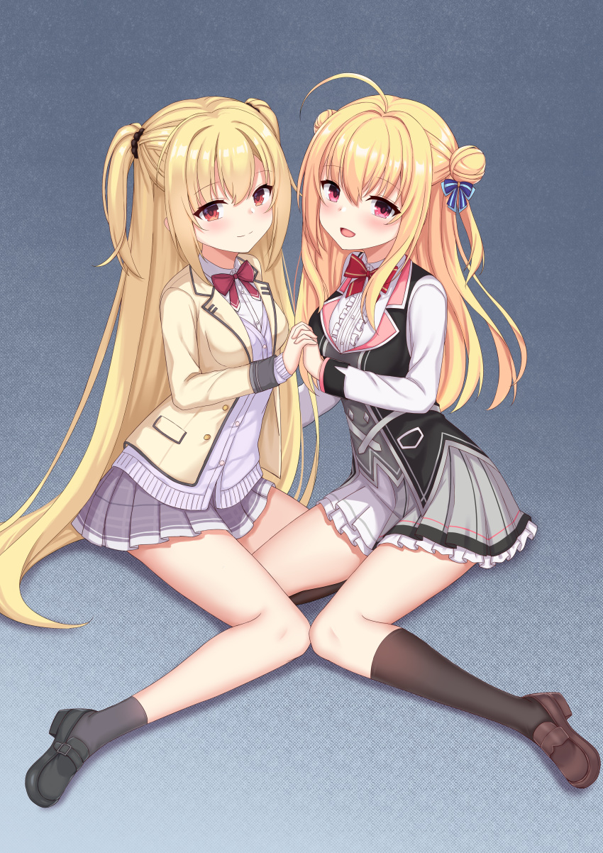2girls absurdres ahoge arihara_nanami arm_behind_back bangs black_jacket black_ribbon black_socks blonde_hair blue_bow blush bow bowtie breasts closed_mouth collar crossover double_bun elih eyebrows_hidden_by_hair eyelashes frilled_skirt frills fringe_trim gradient gradient_background grey_skirt hair_between_eyes hair_bow hair_bun hair_ribbon hair_strand hamidashi_creative highres holding_hands interlocked_fingers izumi_hiyori jacket large_breasts leg_between_thighs loafers long_hair long_legs looking_at_viewer miniskirt multiple_girls open_clothes open_mouth pinstripe_pattern pinstripe_skirt pleated_skirt purple_sweater red_bow red_bowtie red_eyes ribbon riddle_joker shirt shoes siblings simple_background sisters sitting skirt smile socks striped sweater thigh-highs twintails two_side_up very_long_hair wariza white_collar white_shirt yellow_jacket yuzu-soft
