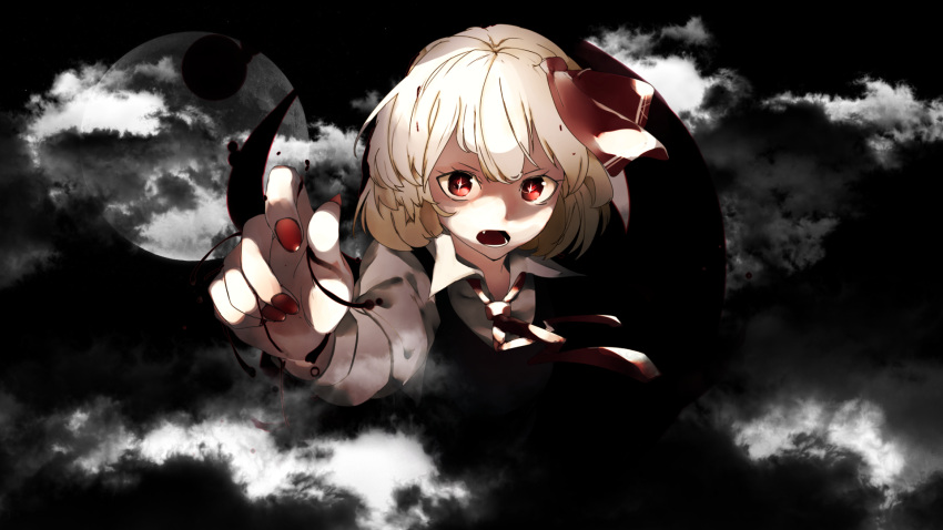 1girl blonde_hair dark highres ikurauni looking_at_viewer moon necktie red_eyes red_nails rumia shirt third-party_edit third-party_source touhou vest white_shirt