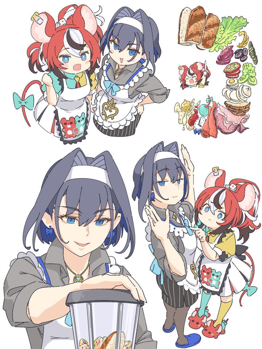 2girls animal_ears apron black_hair blender_(object) blue_eyes blue_hair earrings food hair_intakes hakos_baelz hand_on_hip highres hololive hololive_english jewelry mouse_ears mouse_girl multicolored_hair multiple_girls ouro_kronii pantyhose pointing pointing_at_another redhead sandwich short_hair slippers streaked_hair tataki_tuna virtual_youtuber white_hair