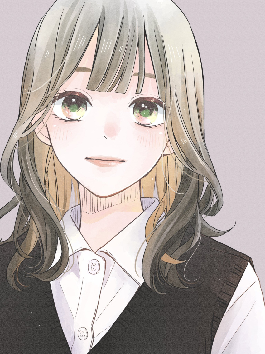 1girl bangs black_sweater_vest black_vest blonde_hair brown_eyes closed_mouth collared_shirt colored_inner_hair commentary eyelashes furusato_kou gradient_eyes green_eyes grey_background grey_hair highres light_blush lips looking_at_viewer medium_hair multicolored_eyes multicolored_hair original portrait shirt simple_background solo sweater_vest symbol-only_commentary vest white_shirt yellow_eyes