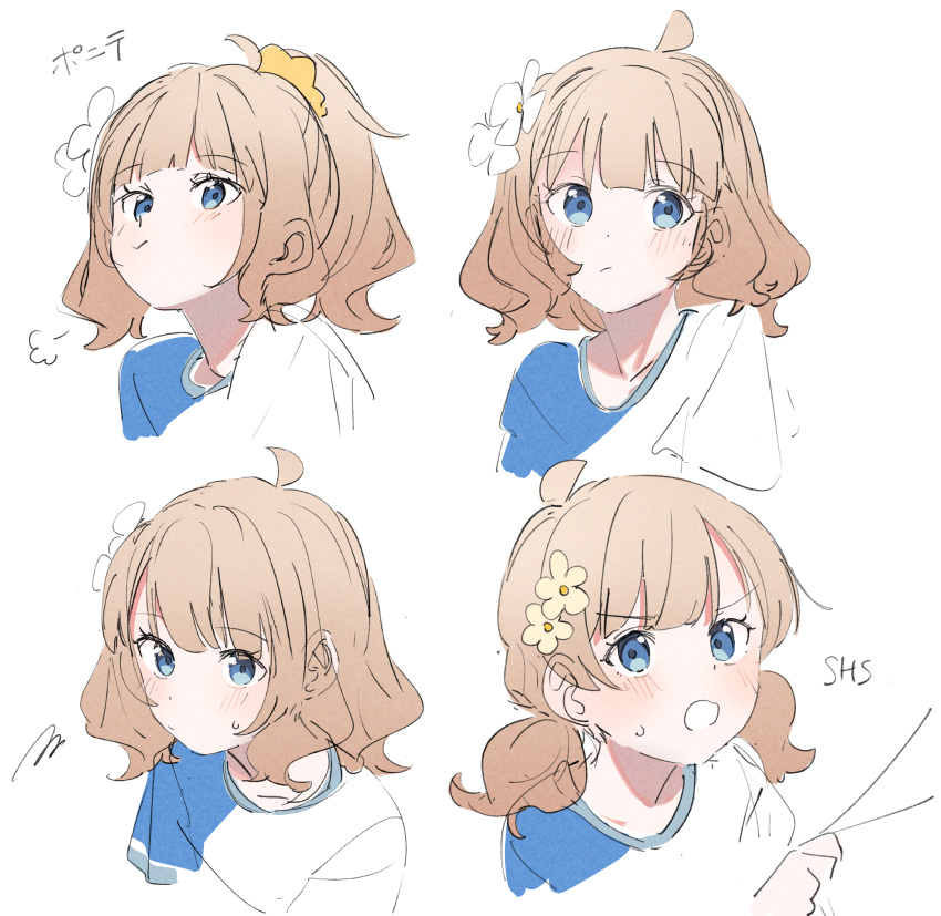 1girl 3: :t =3 absurdres ahoge alternate_hairstyle annoyed bangs blue_eyes blue_shirt blunt_bangs blush closed_mouth clothes_grab collarbone cropped_torso d: dot_nose expressionless eyes_visible_through_hair flower from_side hair_flower hair_ornament hair_up hand_up highres idolmaster idolmaster_million_live! light_brown_hair looking_ahead looking_at_viewer looking_up low_twintails meeeeeeco359 multiple_views open_mouth pout scrunchie shirt short_hair short_sleeves short_twintails sidelocks simple_background squiggle suou_momoko sweat t-shirt twintails two-tone_shirt upper_body v-shaped_eyebrows wavy_hair wavy_mouth white_background white_flower white_shirt yellow_scrunchie